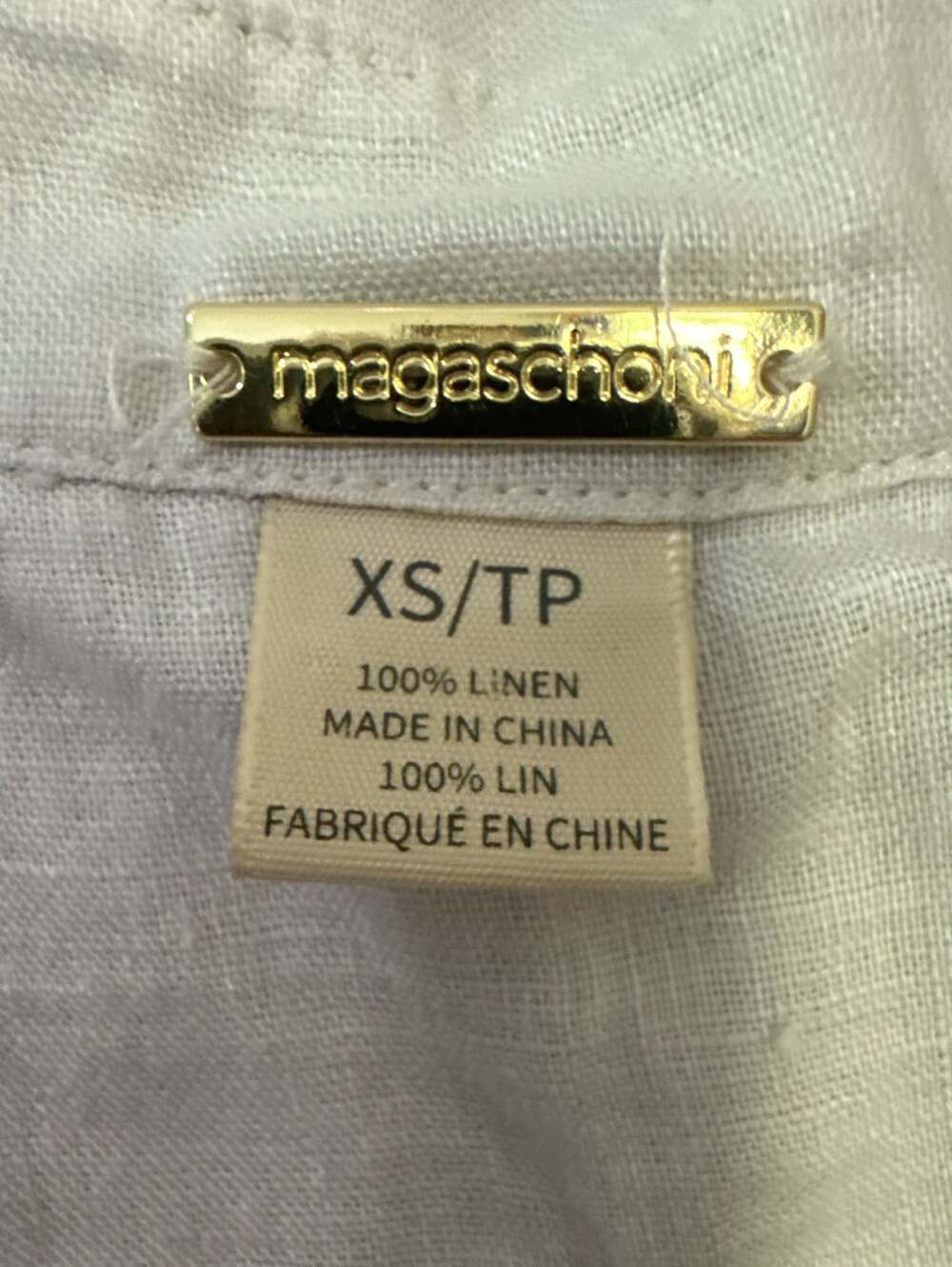 Magaschoni Blouse Size XS/TP White 100% Linen Button Down Pocket Shirt